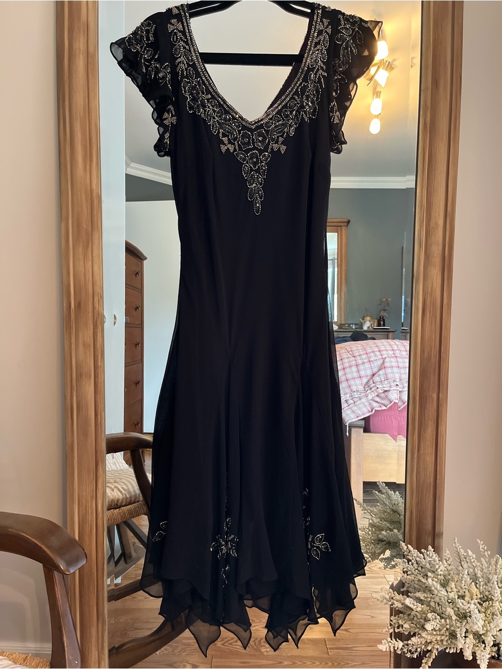J Kara Black Beaded V-Neck Midi Dress